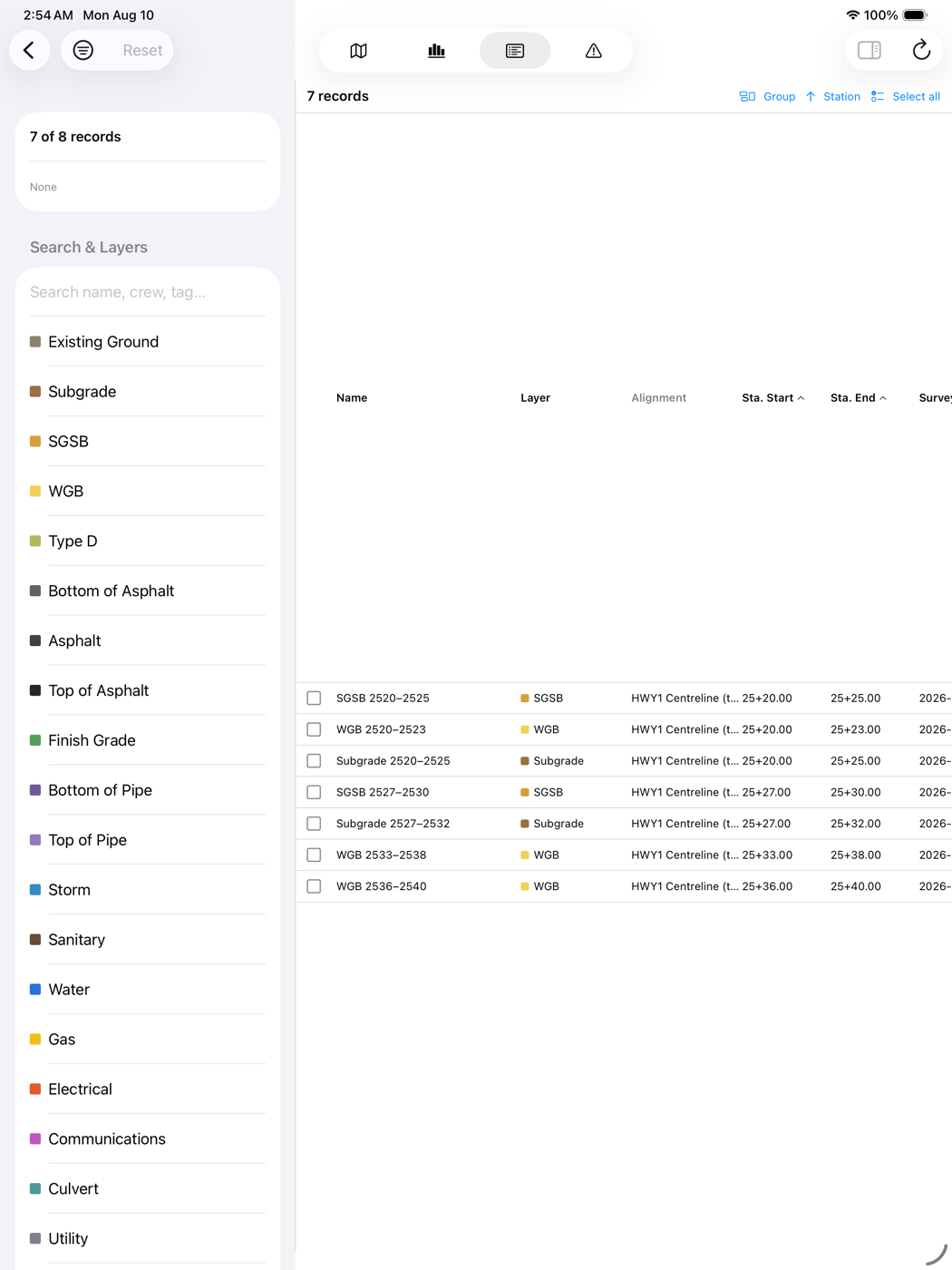 The ARKAK coverage register listing field deliverables with their construction layer, date, crew and workflow state.